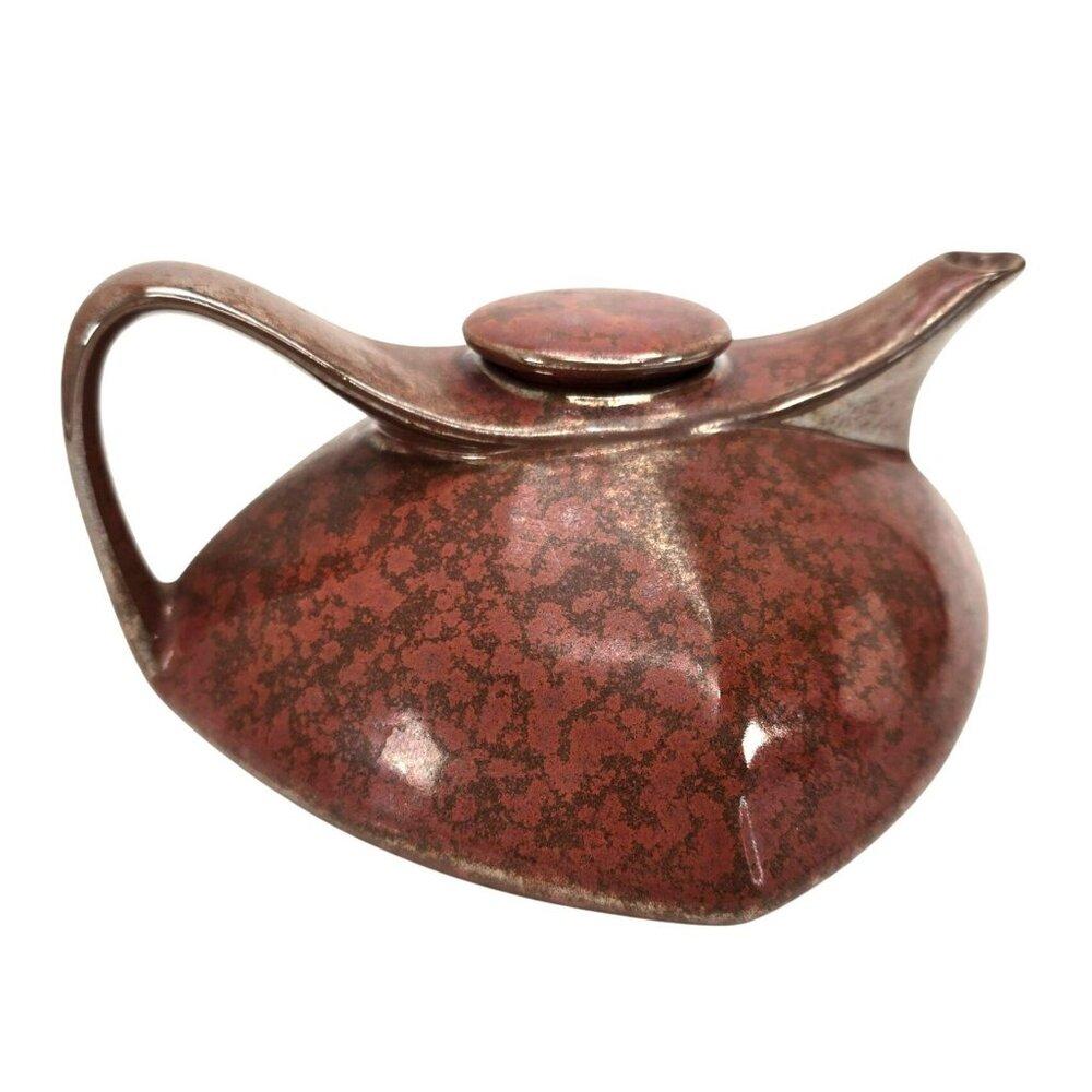 Vintage Mid-Century Modern Teapot Brown Ceramic Angular Speckled Retroneu JE109